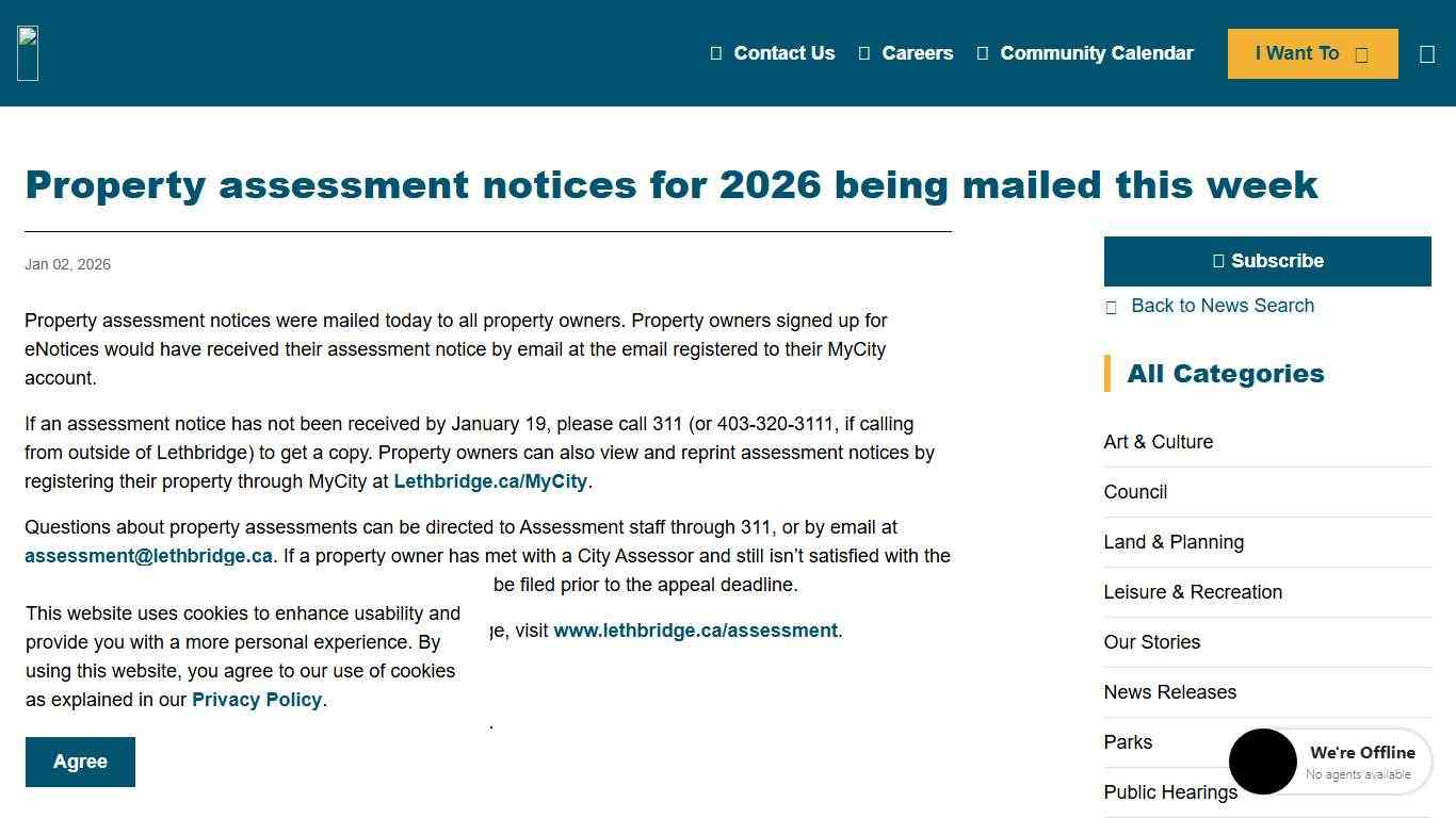 Property assessment notices for 2026 being mailed this week City of Lethbridge